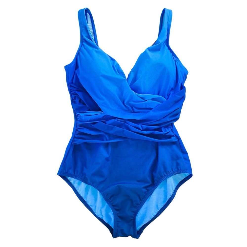 Lands' End Women's Blue Ombre One Piece V-neck Wrap Swimsuit (Size 12)